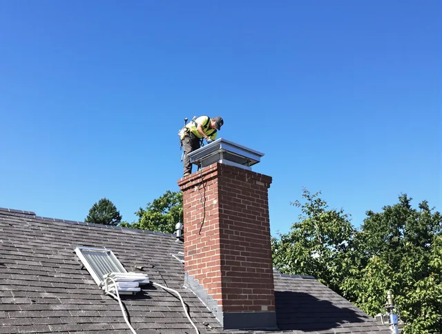 Ipswich Chimney Sweep technician measuring a chimney cap in Ipswich, MA